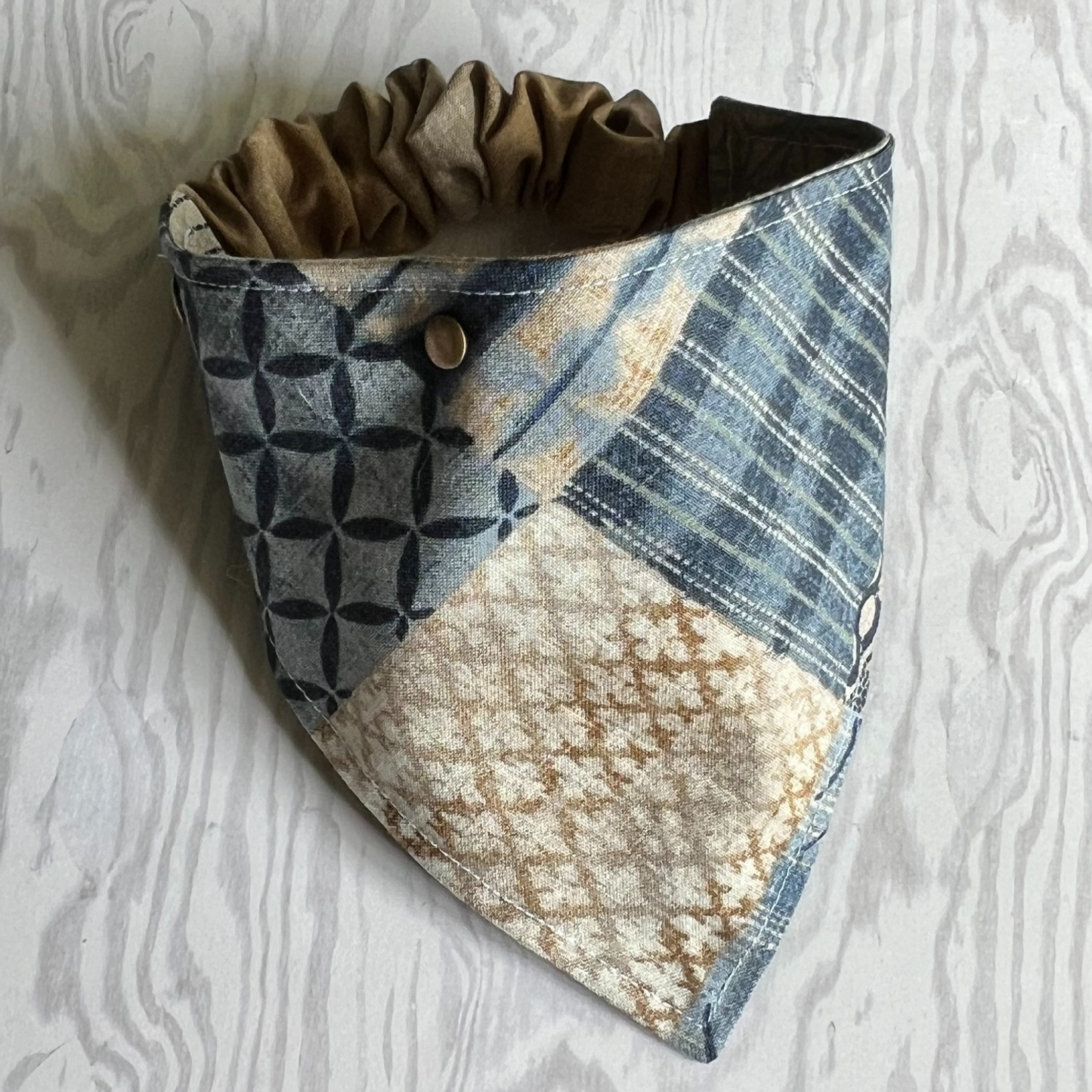 Boho Patchwork Blue and Tan Reversible Pet Bandana | Scrunchie Style