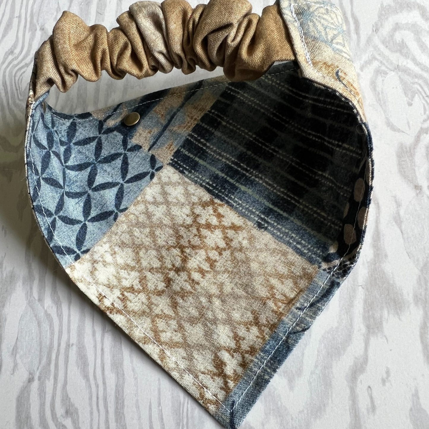 Boho Patchwork Blue and Tan Reversible Pet Bandana | Scrunchie Style