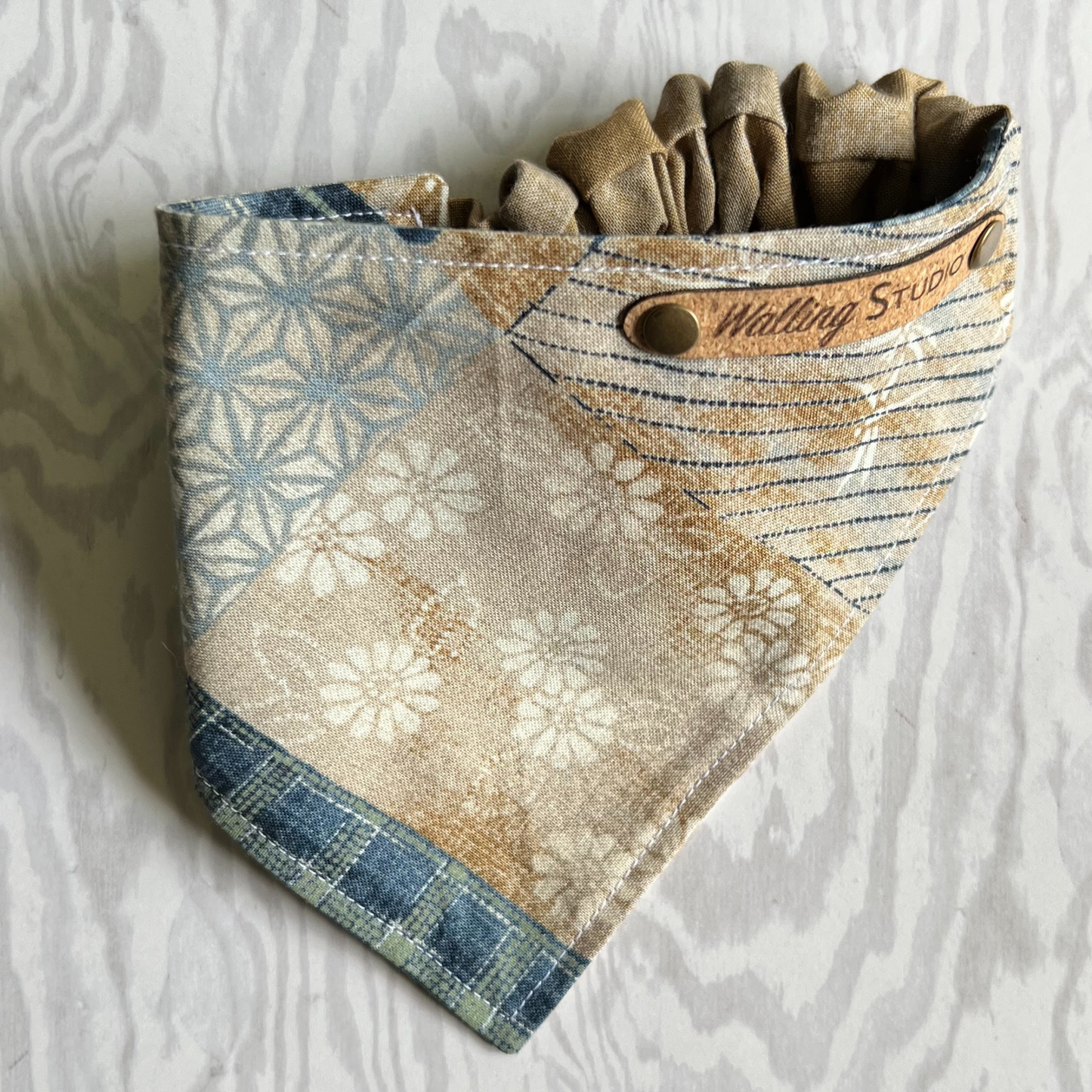 Boho Patchwork Blue and Tan Reversible Pet Bandana | Scrunchie Style
