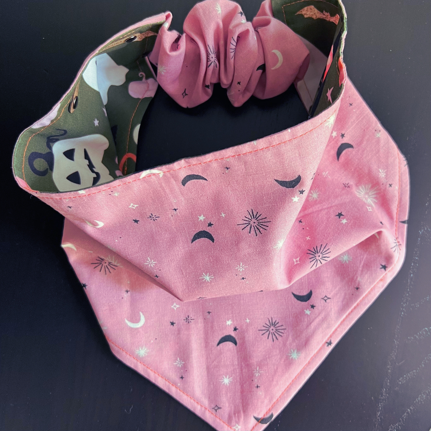 Spooky Cute Halloween Pet Bandana Hunter Green | Dog Bandana | Reversible | Scrunchie Style | Spooky Season