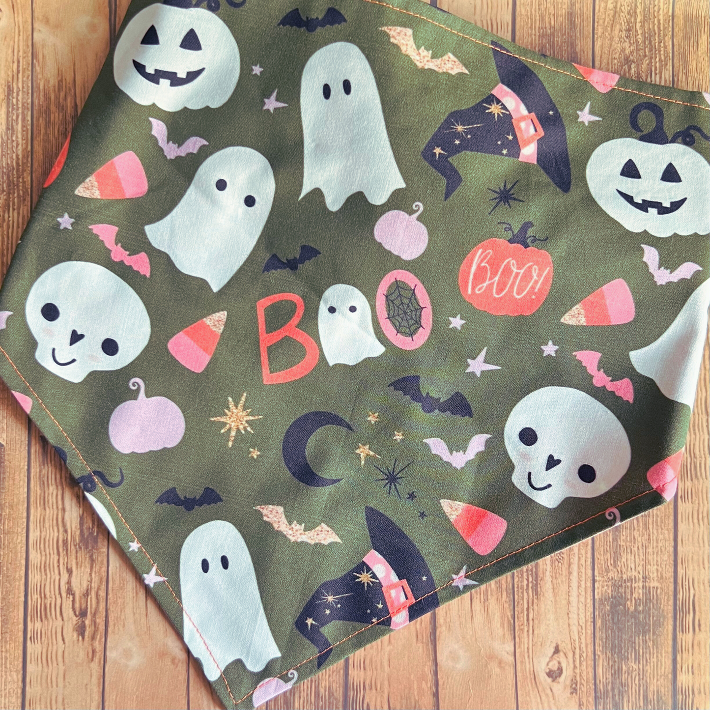 Spooky Cute Halloween Pet Bandana Hunter Green | Dog Bandana | Reversible | Scrunchie Style | Spooky Season