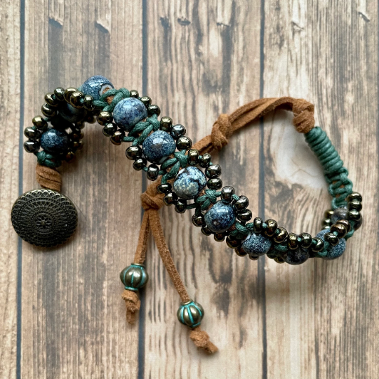 Handwoven Bead Bracelet with Mandala Button Closure