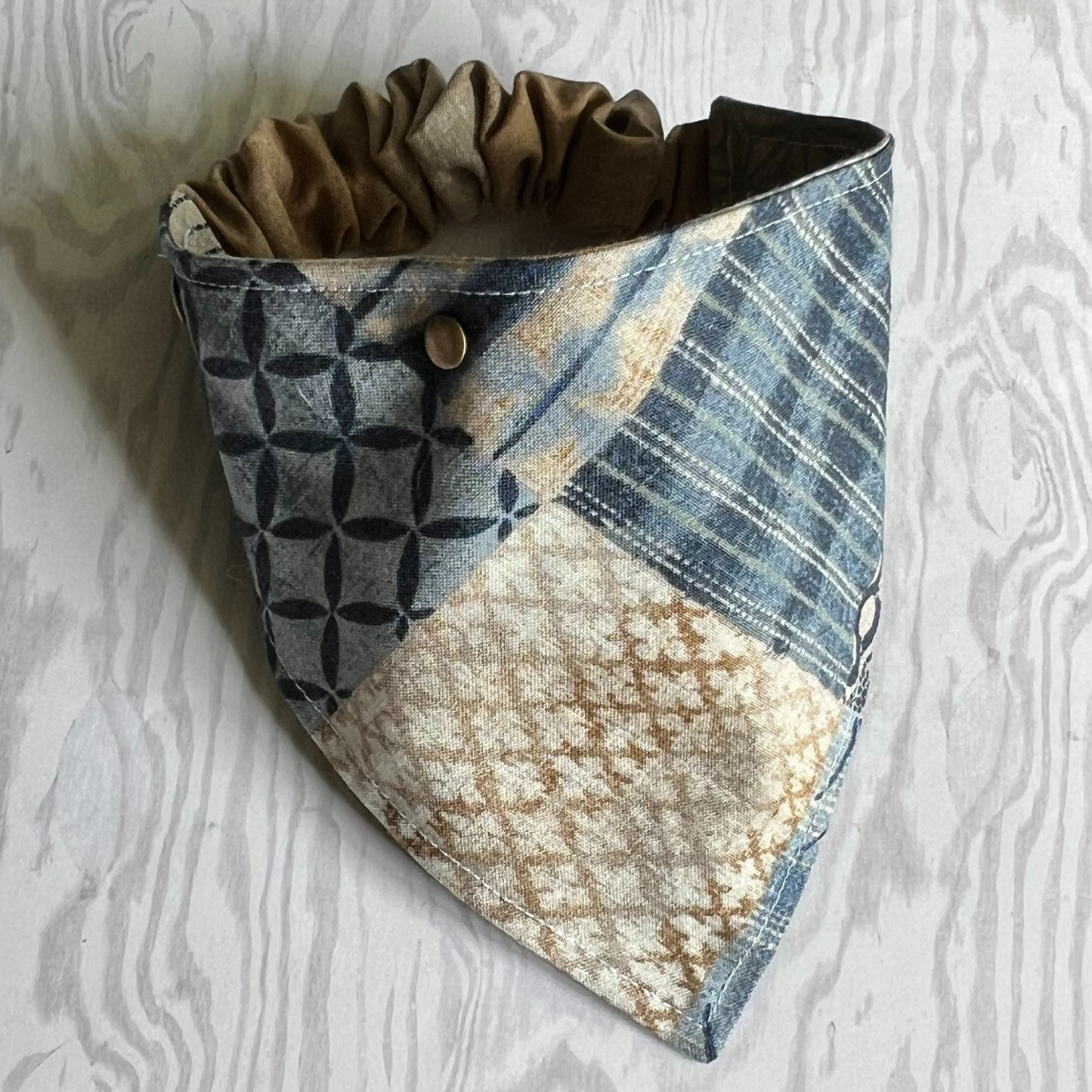 Boho Patchwork Blue and Tan Reversible Pet Bandana  | Scrunchie Style