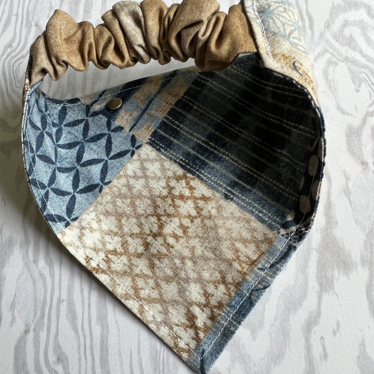 Boho Patchwork Blue and Tan Reversible Pet Bandana  | Scrunchie Style