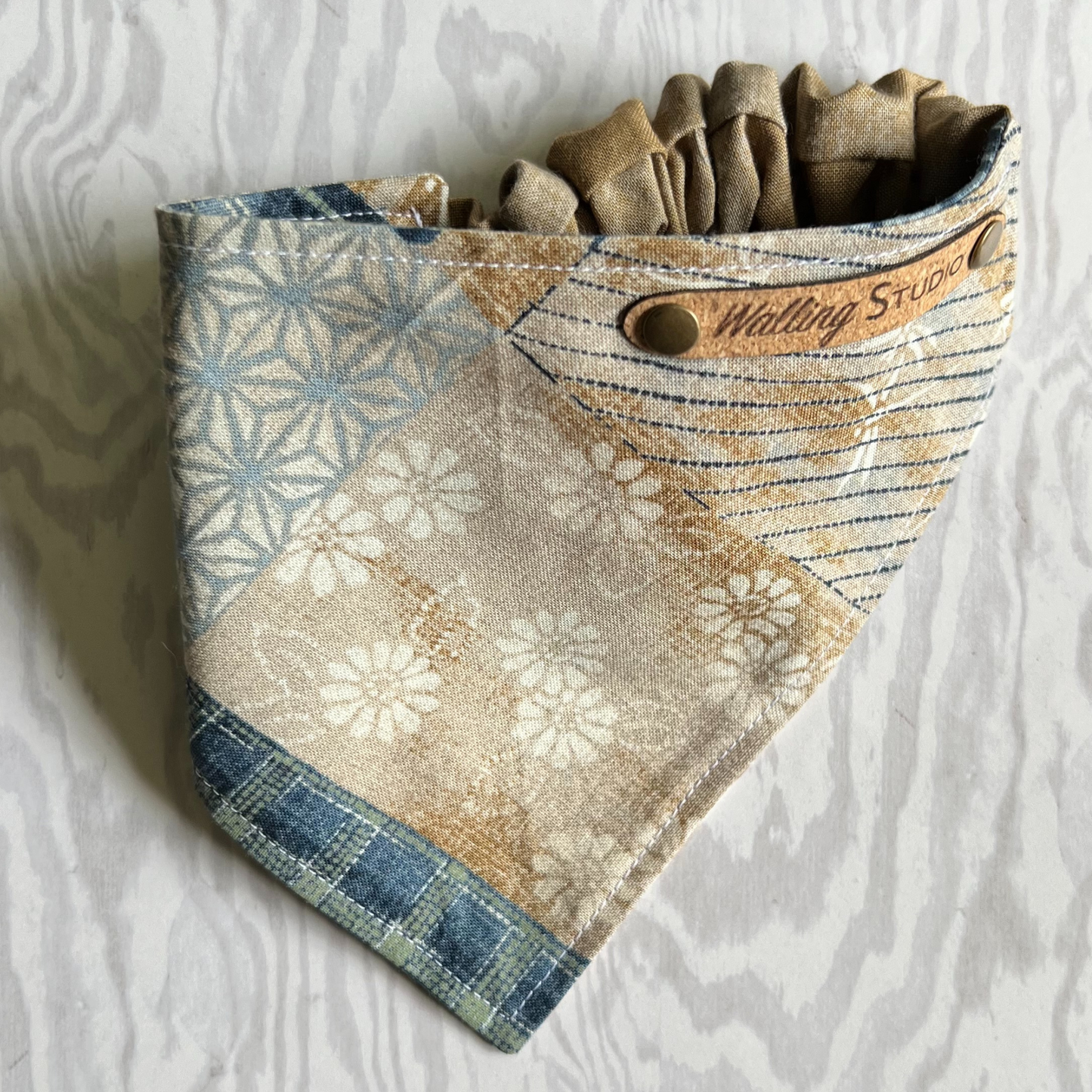 Boho Patchwork Blue and Tan Reversible Pet Bandana  | Scrunchie Style