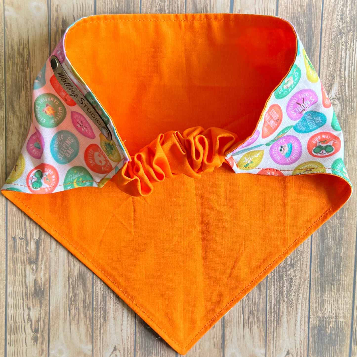 Bright Summer Camp Merit Badge Reversible Pet Bandana | Scrunchie Style