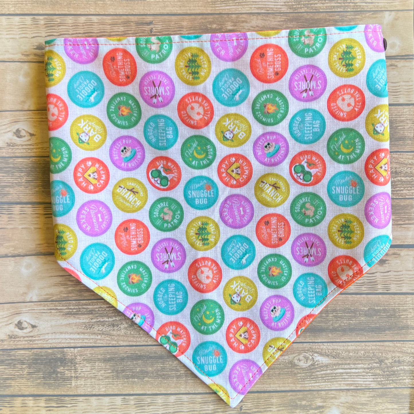 Bright Summer Camp Merit Badge Reversible Pet Bandana | Scrunchie Style