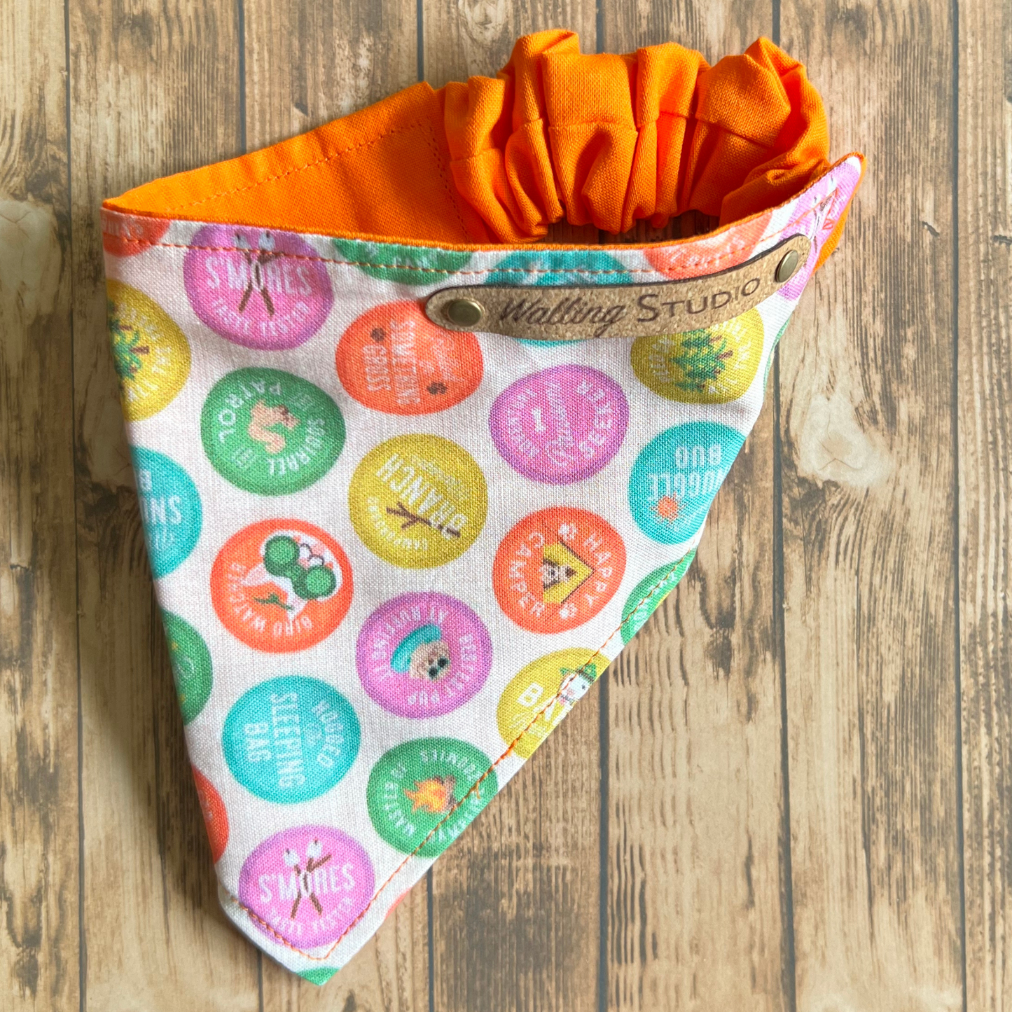 Bright Summer Camp Merit Badge Reversible Pet Bandana | Scrunchie Style