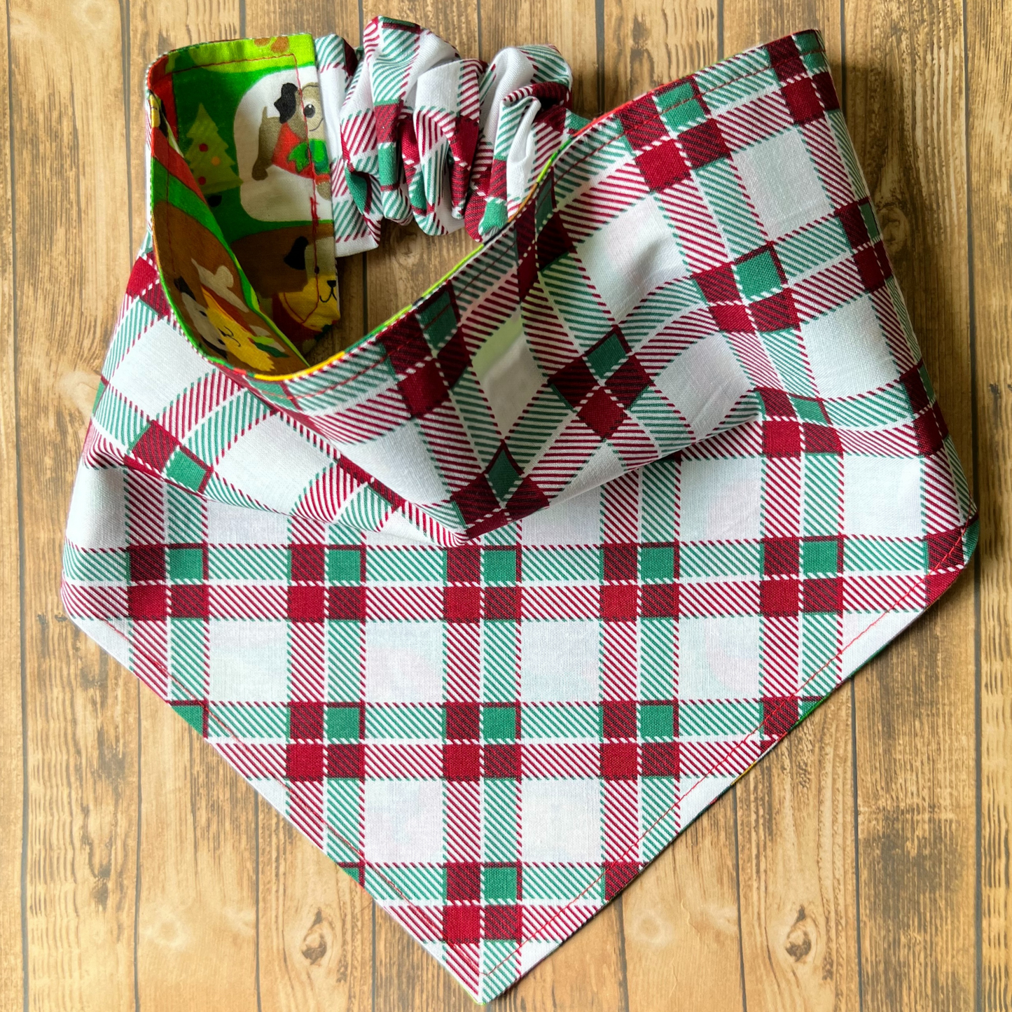 Christmas Pups Plaid Reversible Pet Bandana | Scrunchie Style