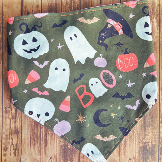 Spooky Cute Halloween Pet Bandana Hunter Green | Dog Bandana | Reversible | Scrunchie Style | Spooky Season