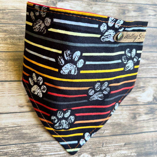 Paw Print Retro Stripes Reversible Bandana | Scrunchie Style